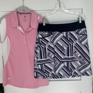 Adidas pink and navy golf top matching skirt set.